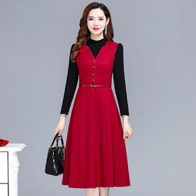 QYM 22JD87-Y拼色中长款假两件连衣裙时尚气质厚款裙