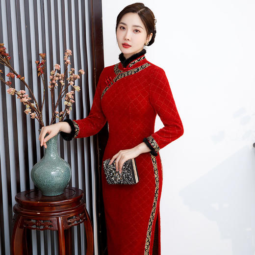 TZW-中国风立领走秀礼服款长款毛领边旗袍 ST-C2177 商品图2