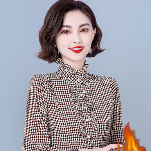 MZ 12005 时尚气质休闲立领长袖加绒加厚保暖格子衬衫 商品图6