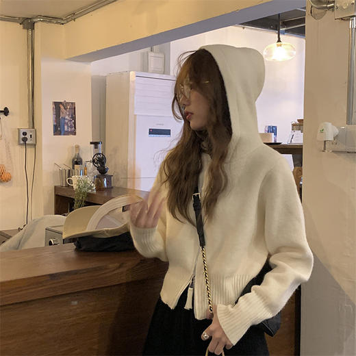 【限时折扣】双头拉链连帽短款针织开衫 均码 商品图4