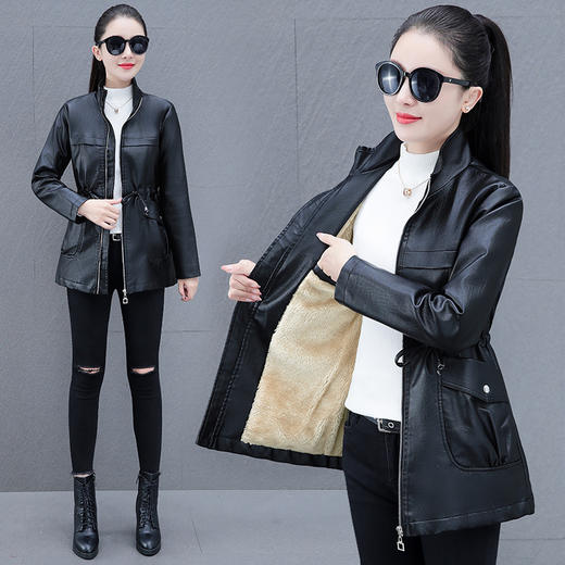 皮衣女外套秋冬季新款，加绒中长款中老年大码宽松加绒皮夹TR-DLP9016 商品图0