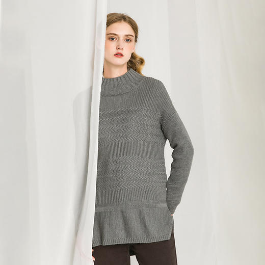 Famecoco范可儿灰色半高领毛衣女秋冬慵懒羊毛针织衫开叉套头上衣F188DB030 商品图1
