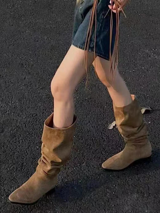 【粗腿女孩救星 秋冬的时髦是靴子给的】骑士靴女粗跟秋冬款西部靴高筒薄绒复古显瘦褶皱堆堆靴长靴圣诞节春节礼物礼品 商品图2