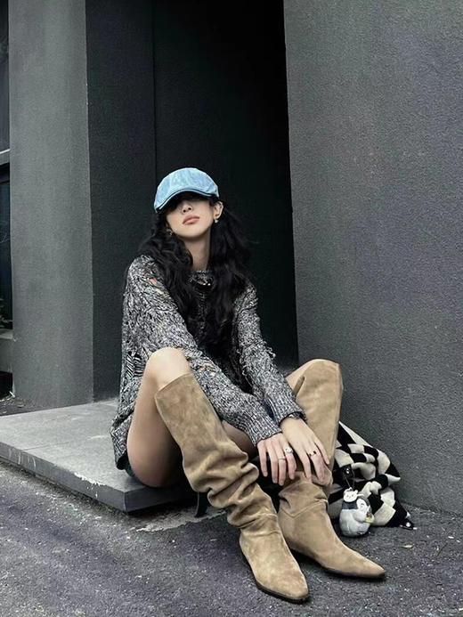 【粗腿女孩救星 秋冬的时髦是靴子给的】骑士靴女粗跟秋冬款西部靴高筒薄绒复古显瘦褶皱堆堆靴长靴圣诞节春节礼物礼品 商品图3