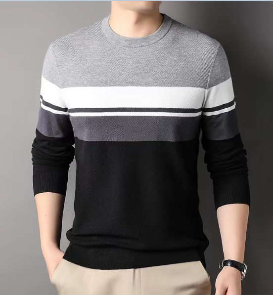 占姆士斜纹提花男士圆领针织衫套头撞色秋冬新品
