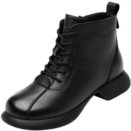 信诺真皮手工短靴女2022新款秋冬圆头粗跟马丁靴加绒妈妈软底单靴22M583-A1 商品图3