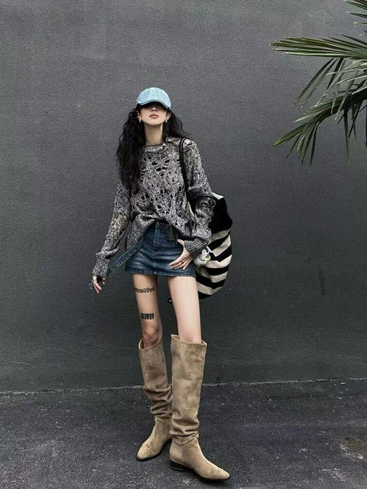 【粗腿女孩救星 秋冬的时髦是靴子给的】骑士靴女粗跟秋冬款西部靴高筒薄绒复古显瘦褶皱堆堆靴长靴圣诞节春节礼物礼品 商品图1