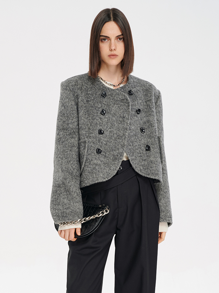 Self Who桑蚕丝羊毛双面毛呢子短外套女防寒保暖宽松轻奢2022冬