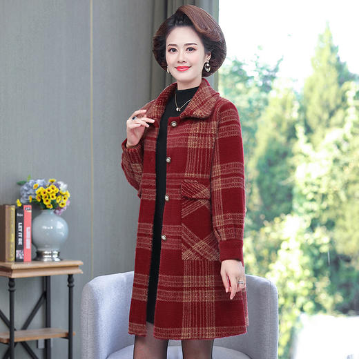 CY884 秋冬水貂绒外套中长款洋气加肥加大码中老年女格子毛呢大衣 商品图2