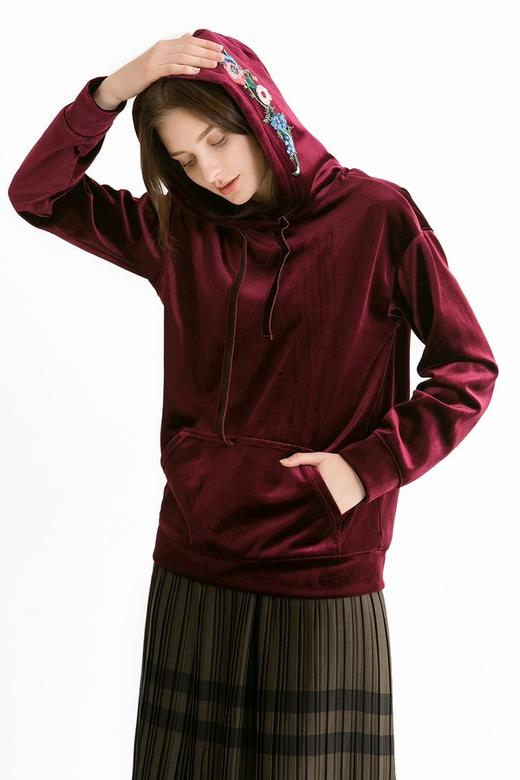 OCHIRLY欧时力 酒红色丝绒连帽卫衣 44 商品图2