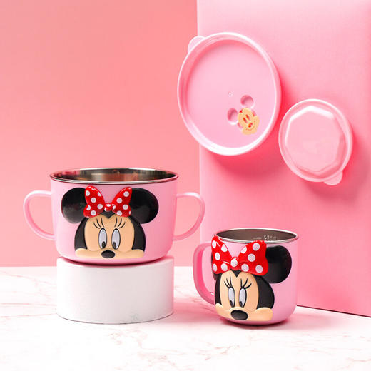 迪士尼（Disney） 儿童餐具套装组合婴儿碗筷叉勺宝宝辅食碗304不锈钢防摔注水保温带盖子 粉色米妮6件套 商品图2
