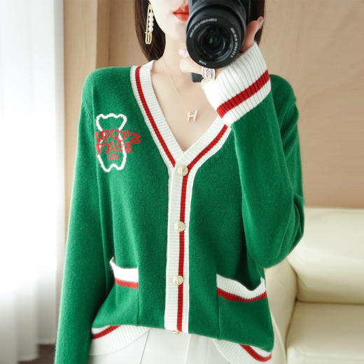 QHJY-JYKS2279针织衫外套撞色V领开衫女小香风拼色毛衣外搭长袖毛衫上衣 商品图4