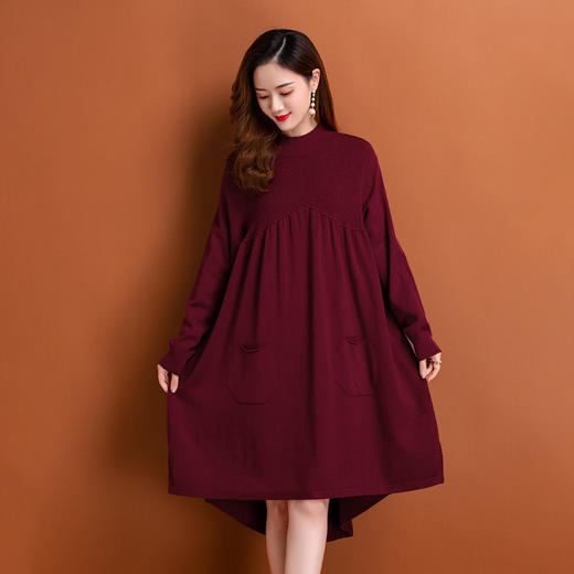前短后长连衣裙，大码胖mm遮肚藏肉裙子200斤秋冬中长款毛衣裙洋气CC-92108 商品图1