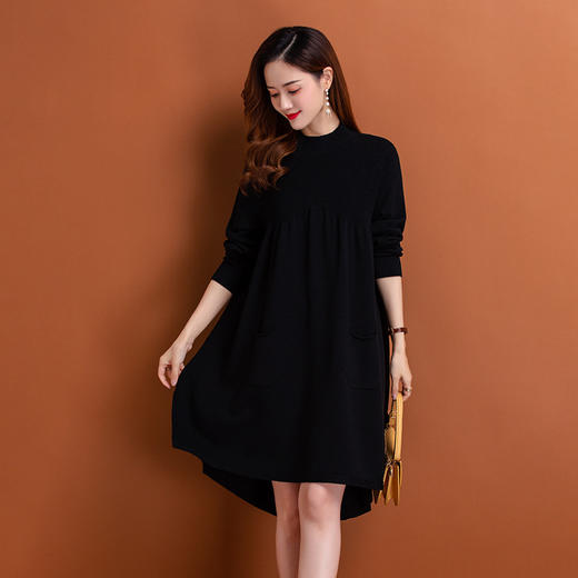 前短后长连衣裙，大码胖mm遮肚藏肉裙子200斤秋冬中长款毛衣裙洋气CC-92108 商品图2