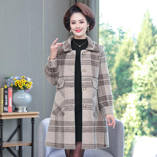 CY884 秋冬水貂绒外套中长款洋气加肥加大码中老年女格子毛呢大衣 商品图1