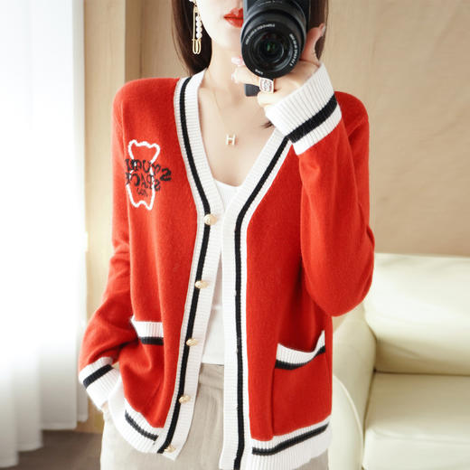 QHJY-JYKS2279针织衫外套撞色V领开衫女小香风拼色毛衣外搭长袖毛衫上衣 商品图5