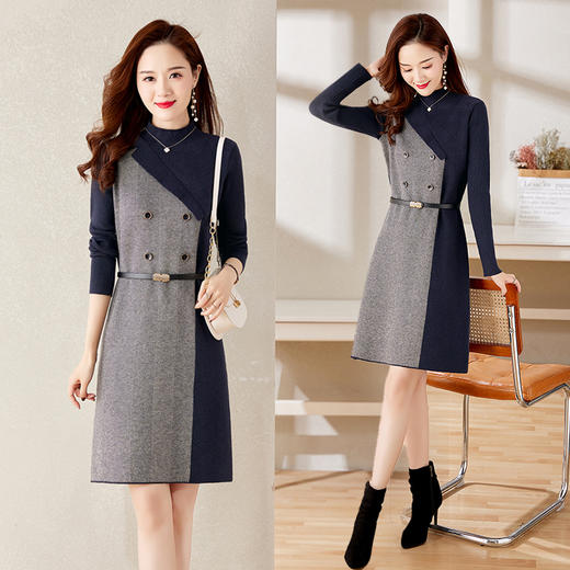 冬季新款，遮肉显瘦不规则拼色洋气半高领针织连衣裙女HR-YBER2321 商品图0