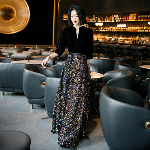 AFS-12-20 亮片气质晚礼服女2022新款长款气场女王连衣裙主持人气质年会礼服 商品图1