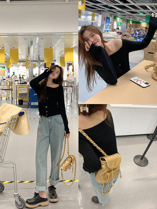 <曾小咸推荐>巨折清仓秒杀，稀有现货24小时发【仅限今日】露肩针织上衣女设计感小众修身短款上衣黑色毛衣潮 商品图3