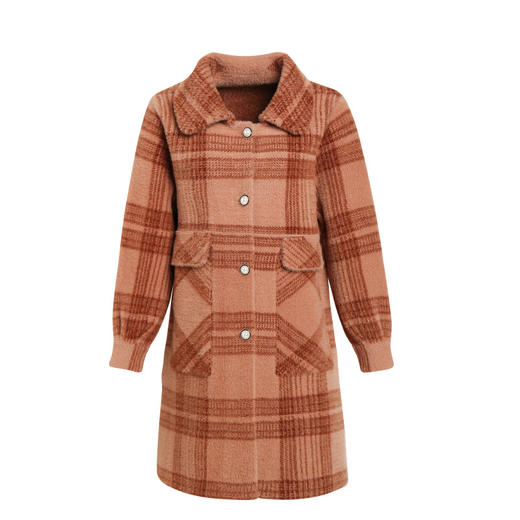 CY884 秋冬水貂绒外套中长款洋气加肥加大码中老年女格子毛呢大衣 商品图4