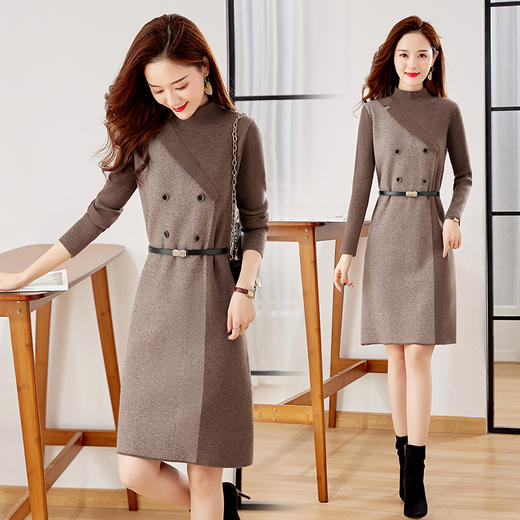 冬季新款，遮肉显瘦不规则拼色洋气半高领针织连衣裙女HR-YBER2321 商品图1