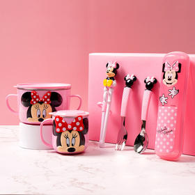 迪士尼（Disney） 儿童餐具套装组合婴儿碗筷叉勺宝宝辅食碗304不锈钢防摔注水保温带盖子 粉色米妮6件套