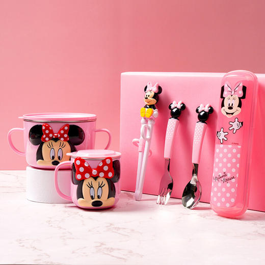 迪士尼（Disney） 儿童餐具套装组合婴儿碗筷叉勺宝宝辅食碗304不锈钢防摔注水保温带盖子 粉色米妮6件套 商品图0