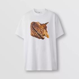 BURBERRY 巴宝莉 女士小鹿印花棉质宽松圆领短袖T恤 白色 8056043 A1464