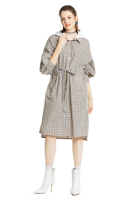 URBAN REVIVO 格纹系带连帽衬衫裙 4200 商品图1