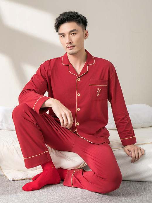 康妮雅睡衣家居服 男式长袖长裤开襟套装*枣红 商品图4