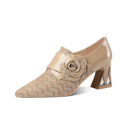 秋冬季新款，深口粗跟气质拼色女鞋尖头高跟鞋花朵单鞋QS-2418 商品图4