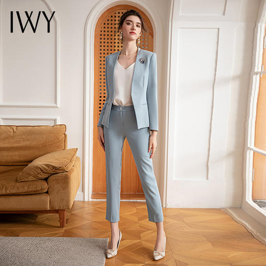 IWY/高级感时尚西装套装女醋酸接拼无领西服外套播音艺考主持人正装CP1638 商品图2