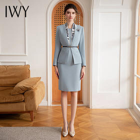 IWY/时尚雾霾蓝西装套装女高端播音主持人正装套裙气质女神范职业装C1638+Q812