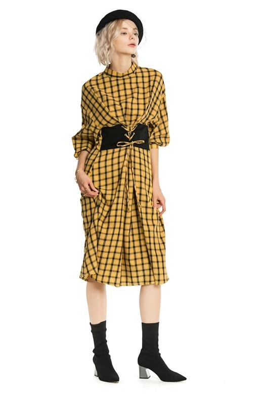 ibudu伊布都 绑带束腰格纹连衣裙 4215 商品图0