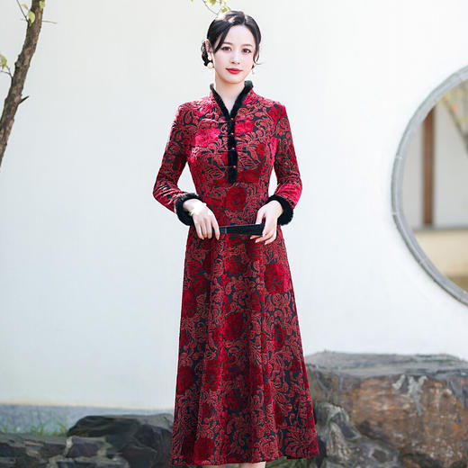 旗袍裙2022秋冬大摆裙彩金提花改良低领修身日常中国风KY-83720 商品图0