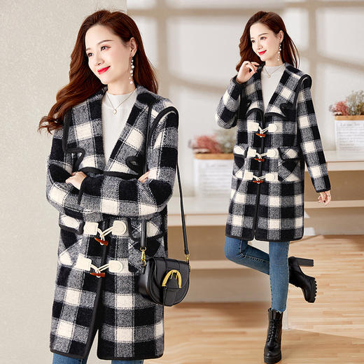 格纹毛呢中长款冬季2022新款感牛角扣小个子呢大衣HR-WY23309 商品图3