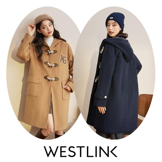 西遇学院风毛呢外套女2023年冬季新款夹棉连帽牛角扣大衣中长款12121791 商品图1