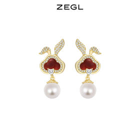 ZEGL设计师本命年系列如意兔子耳环女红玛瑙耳钉耳夹人造珍珠耳饰