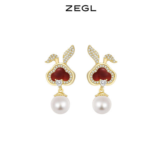 ZEGL设计师本命年系列如意兔子耳环女红玛瑙耳钉耳夹人造珍珠耳饰 商品图0