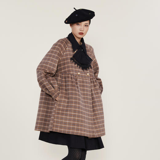 谜底2022冬季新款A字型圆领格纹大衣女双排扣中长款毛呢224MD1703 商品图2