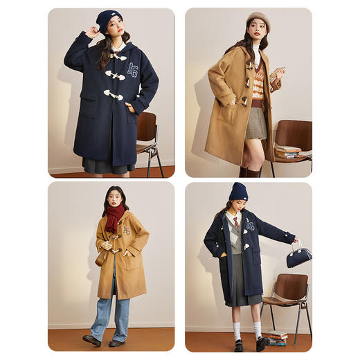 西遇学院风毛呢外套女2023年冬季新款夹棉连帽牛角扣大衣中长款12121791 商品图2