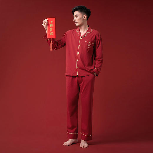 康妮雅睡衣家居服 男式长袖长裤开襟套装*枣红 商品图0