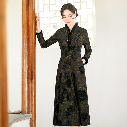 旗袍裙2022秋冬大摆裙彩金提花改良低领修身日常中国风KY-83720 商品图1