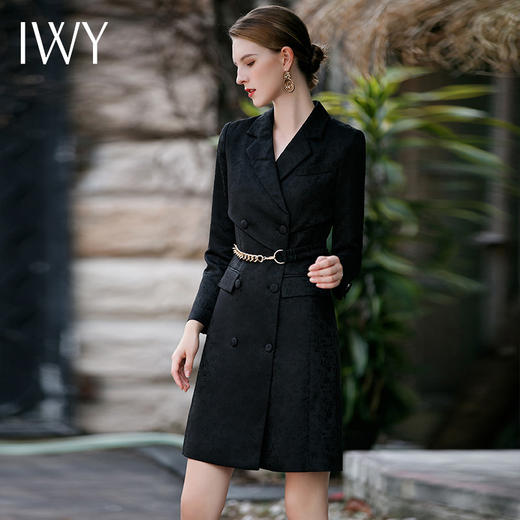 IWY/赫本风黑色连衣裙女秋冬缎面暗花纹长袖西服裙高级Q758 商品图2