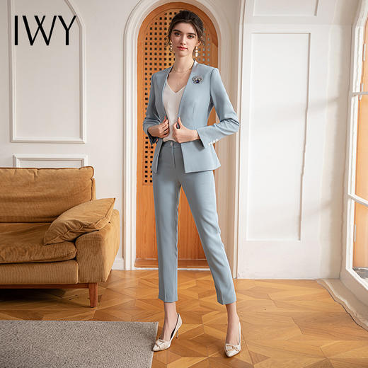 IWY/高级感时尚西装套装女醋酸接拼无领西服外套播音艺考主持人正装CP1638 商品图4