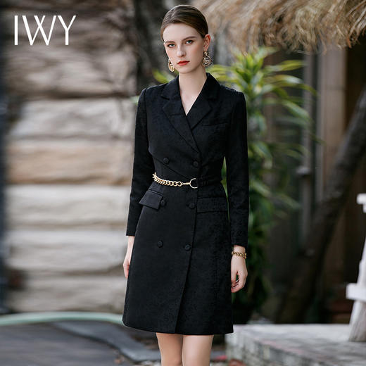 IWY/赫本风黑色连衣裙女秋冬缎面暗花纹长袖西服裙高级Q758 商品图1