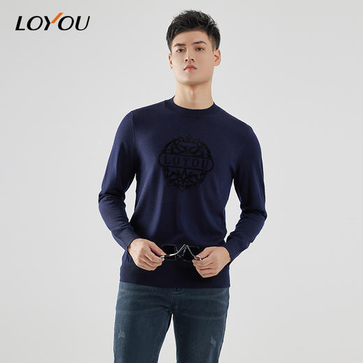 LOYOU/朗逸秋冬男士新款套头毛衫丝绒图案打底针织毛衫 商品图0