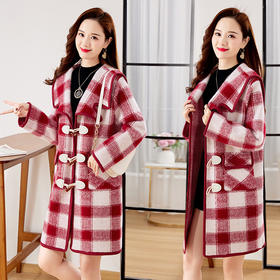 格纹毛呢中长款冬季2022新款感牛角扣小个子呢大衣HR-WY23309