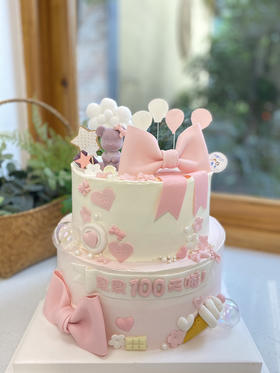 双层翻糖蝴蝶结熊 百天奶油蛋糕 下单前请仔细阅读商品详情