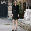 IWY/赫本风黑色连衣裙女秋冬缎面暗花纹长袖西服裙高级Q758 商品缩略图0